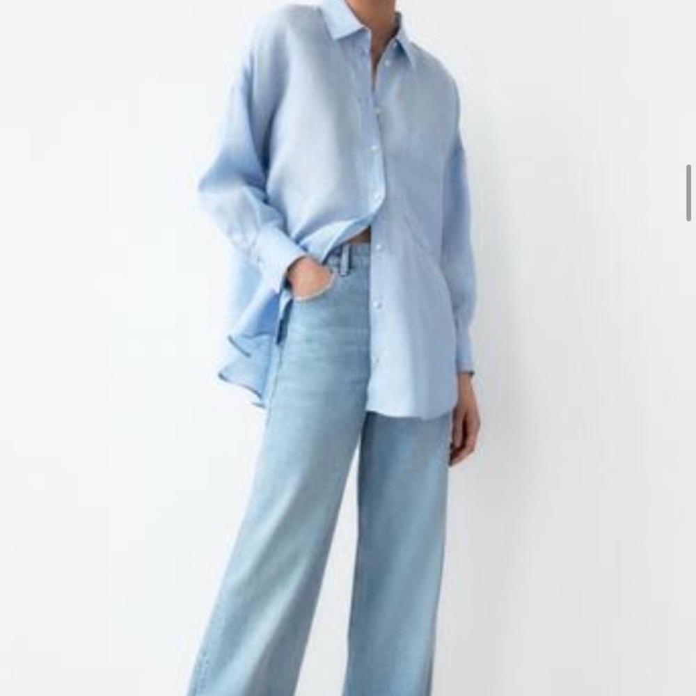 Zara Light Blue linen Button Down Shirt